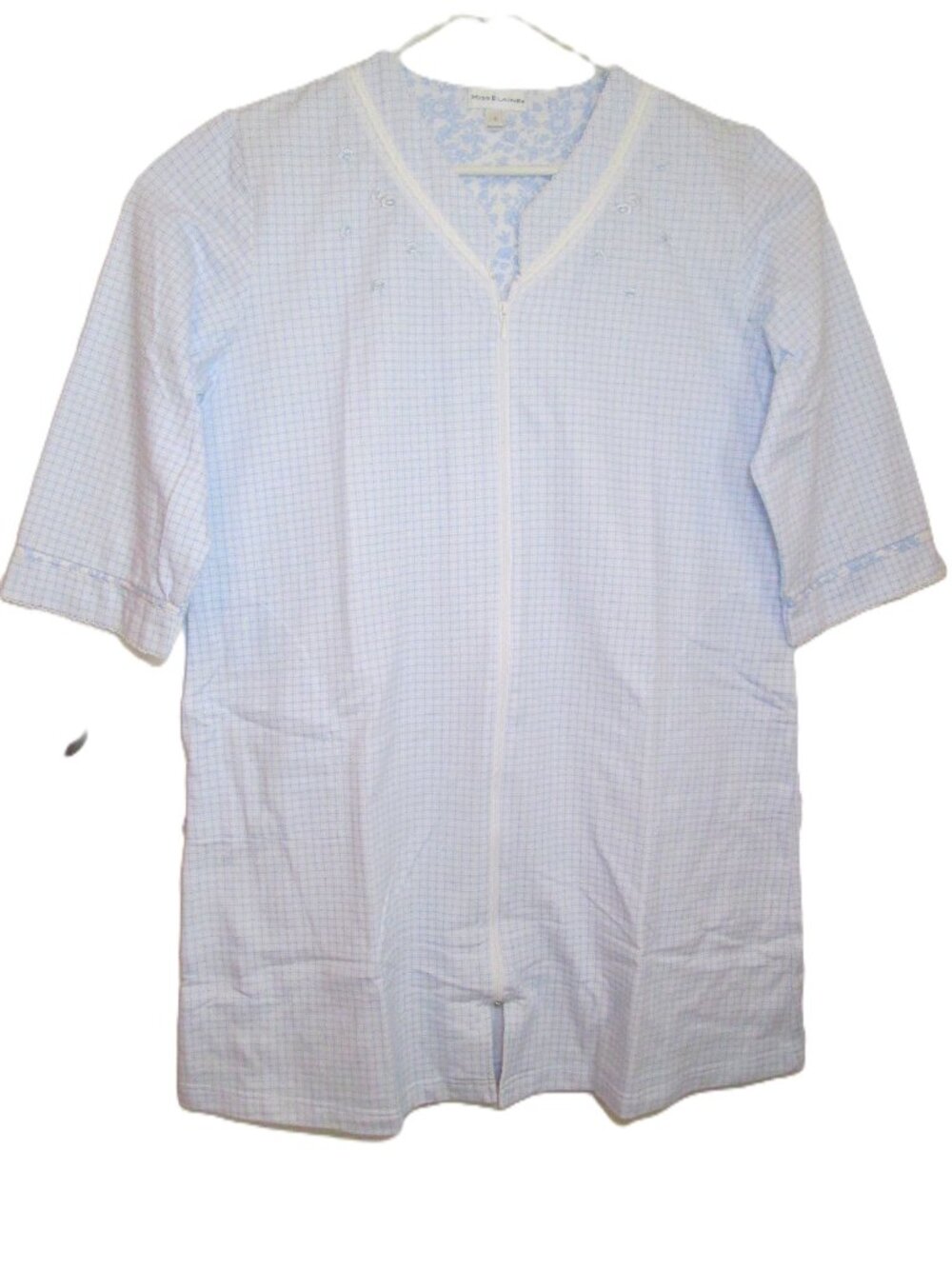 Vintage Miss Elaine Blue Flannel Plaid Full Zip Front House Dress Robe Gown L